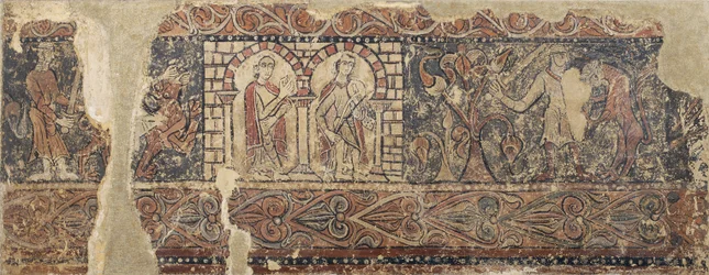 Profane Paintings from Sigena: Lady and Minstrel in a Palace and Lion Attacking a Soldier